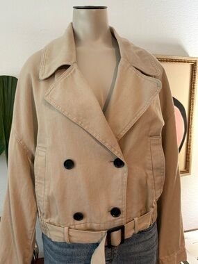 Zara Beige Double-Breasted Cropped Denim Trench Coat